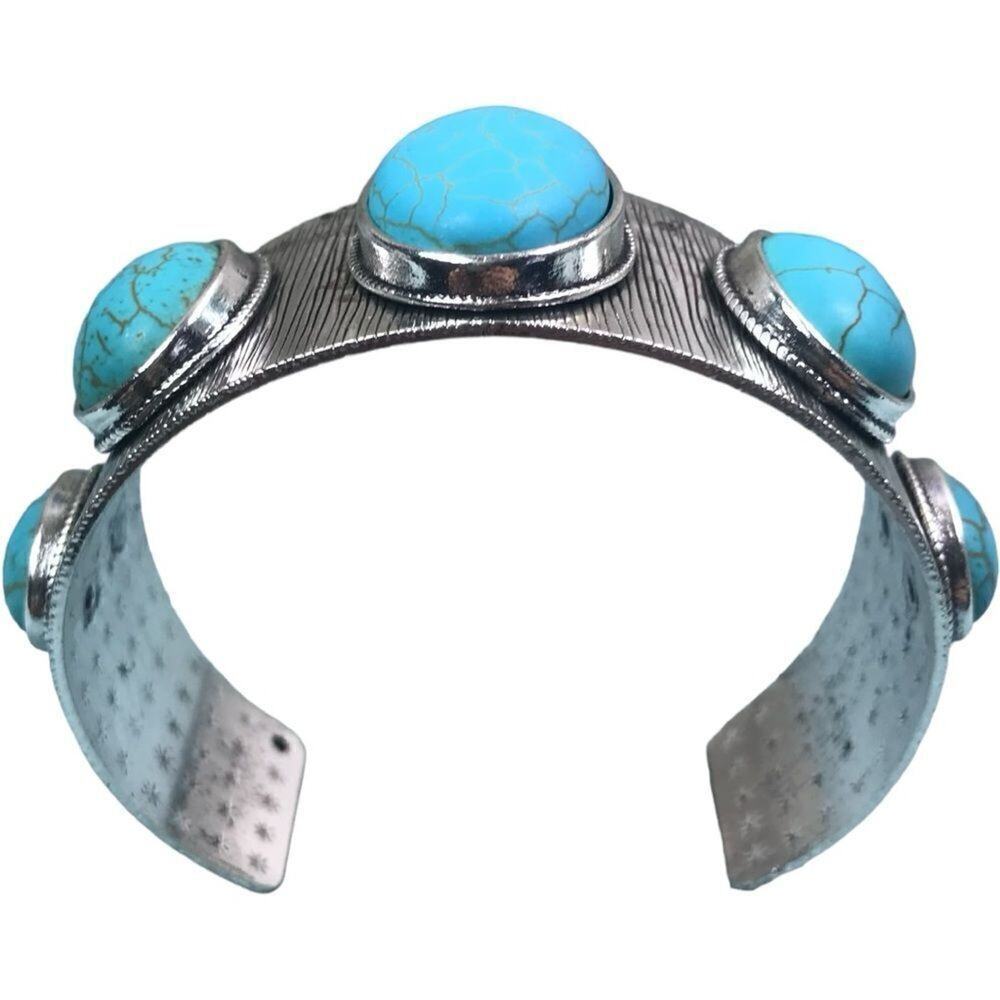 Silver Tone & Turquoise Wide Open Cuff Bracelet - Picture 6 of 10